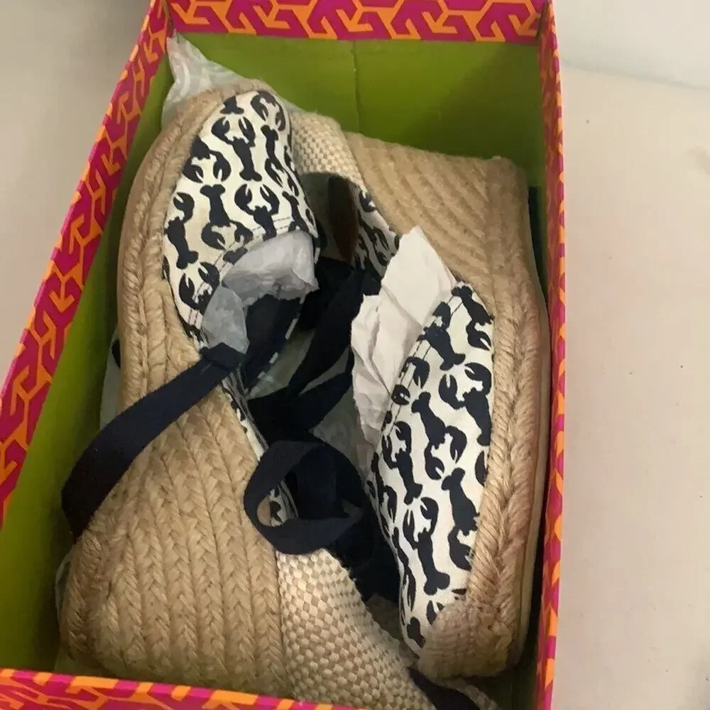 TORY BURCH HIGH WEDGE ESPADRILLE MED NAVY LOBSTER SIZE‎ 10